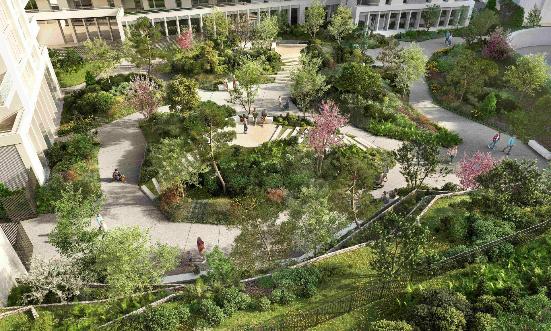 En cœur d'ilot, le parc de 4000 m² de la résidence DESSAIX