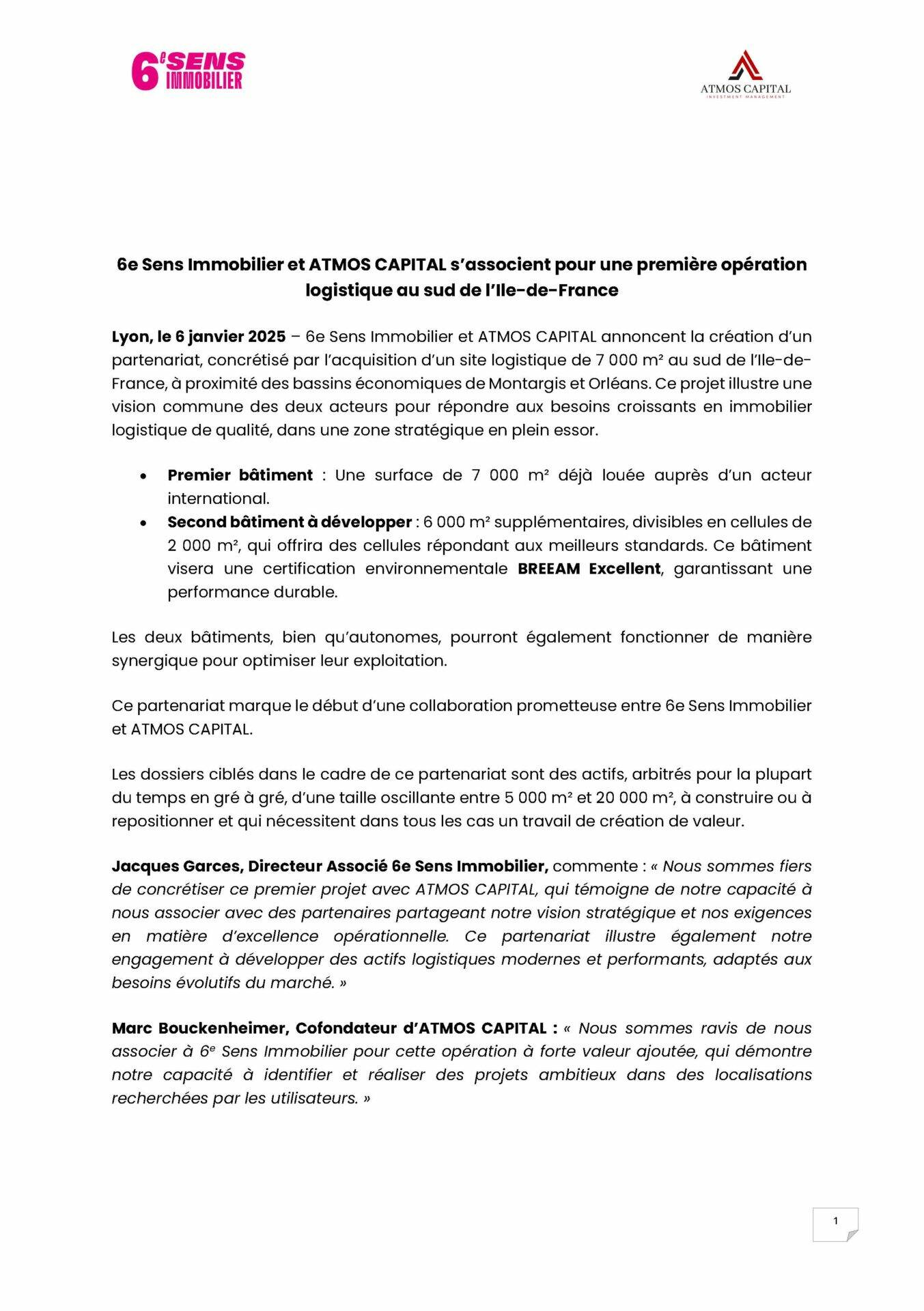 Communiqué de presse sur la 1ere opération de logistique entre 6e Sens Immobilier et Atmos Capital