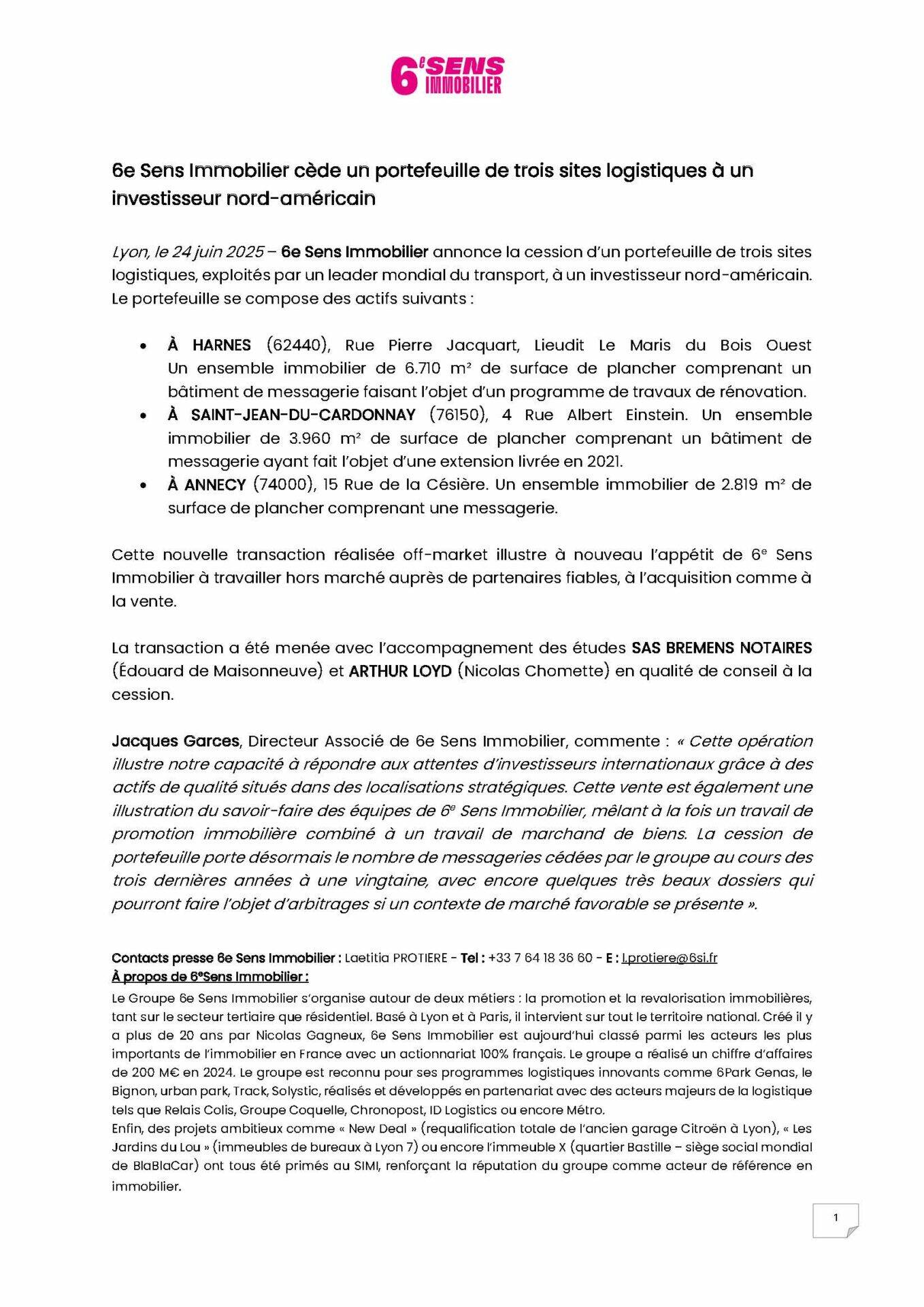Communiqué de presse - vente de 3 sites logistiques