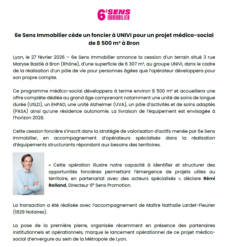 6e Sens Immobilier cède un foncier à UNIVI pour un projet médico-social